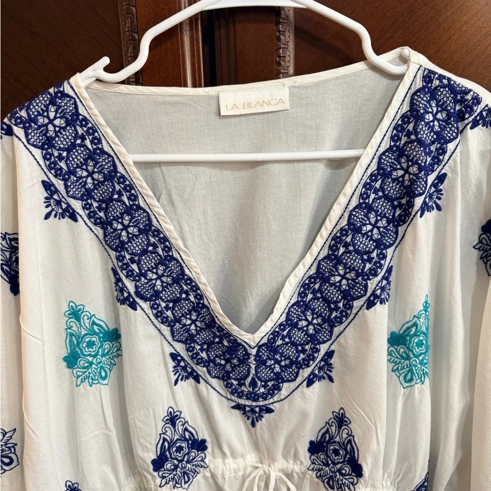 La Blanca EUC One Size, drawstring waist, 100% Cotton Embroidered Swim Cover-Up